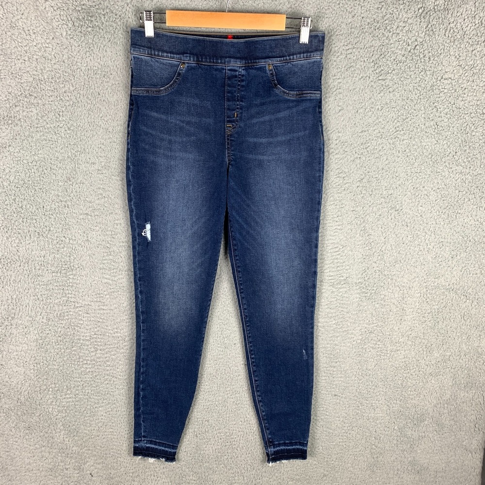 Spanx Skinny Jeans Womens Large Blue Distressed‎ High Rise Pull On Ankle Raw Hem